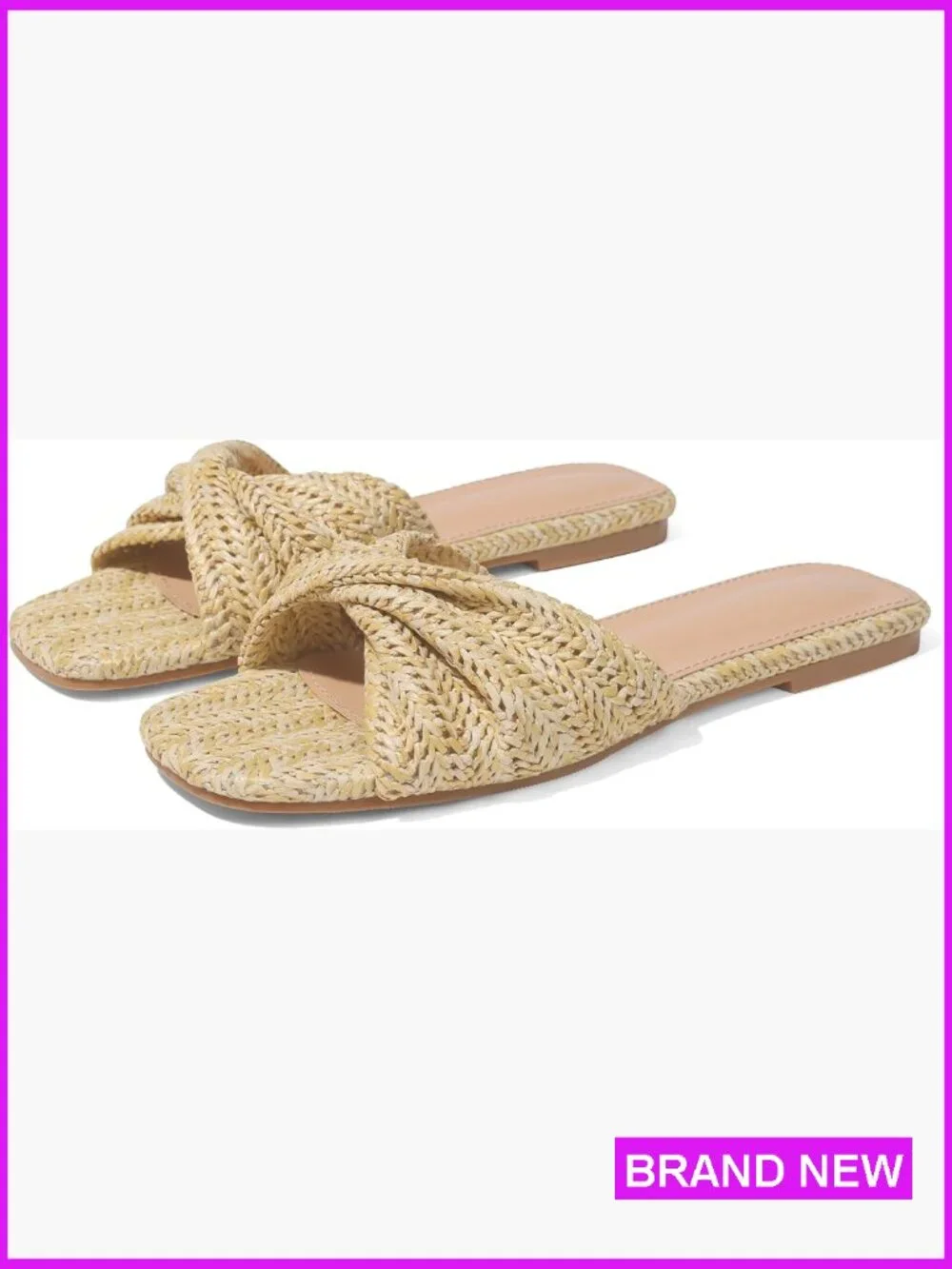 Straw Woven Raffia Flat Sandals Slip On Slides Comfort Square Toe Beach Dressy